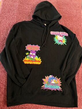 Hello Kitty Black Graphic Hoodie with Pink, Green, Yellow and Purple Accents